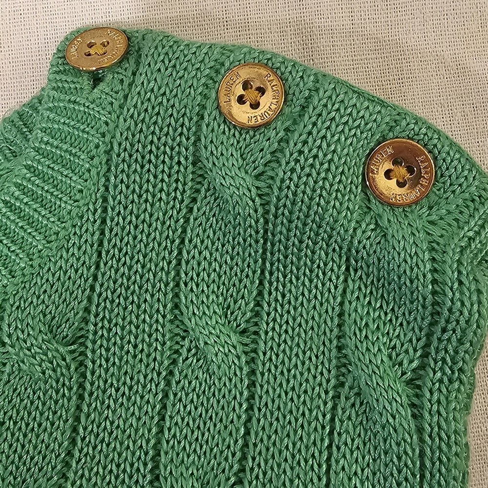 NWOT L-RL Petite Green Women's Cable Knit Sweater With Gold Button Detail-PS - Picture 5 of 6